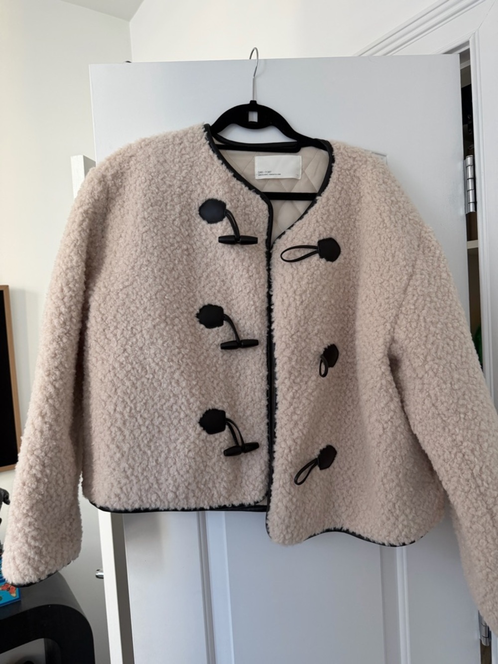 OAK + FORT Cream Teddy Toggle Jacket with Black Trim